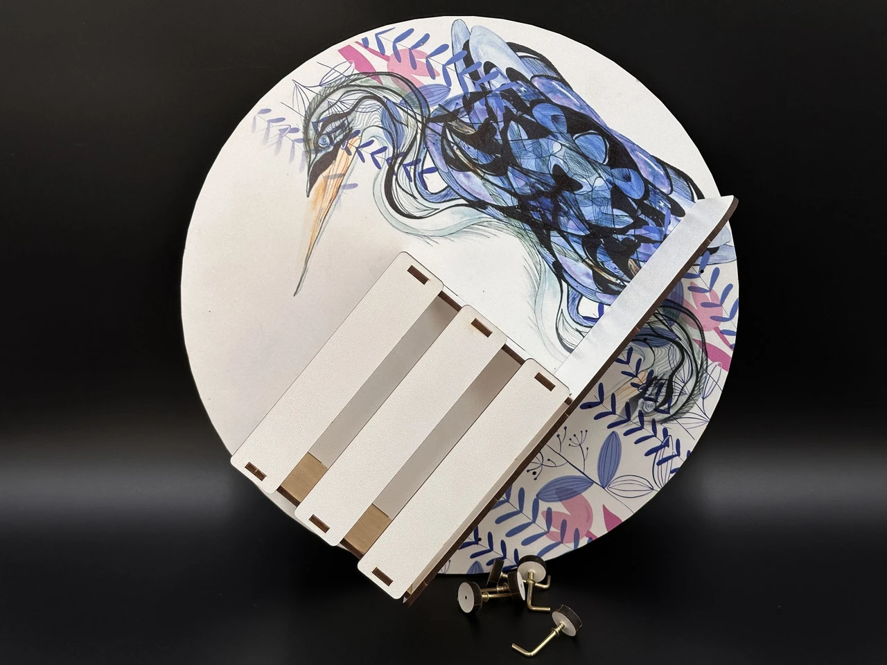 Ключниця настінна дерев'яна з УФ-друком, 12х10х10см, "Птах", з корзиною, 5 гачків