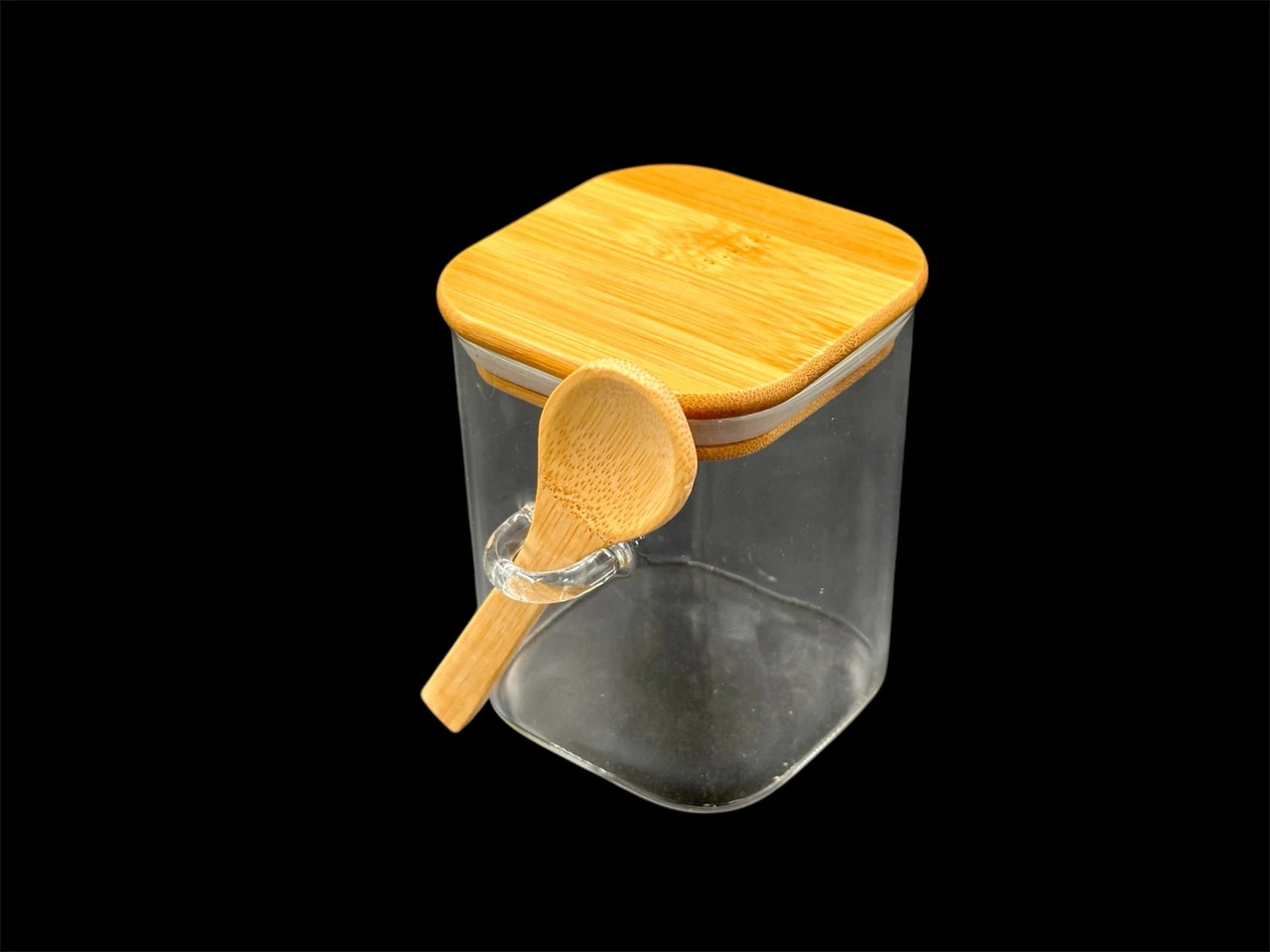 Скляна ємність для зберігання з ложкою, 8х10,5см, Прозора