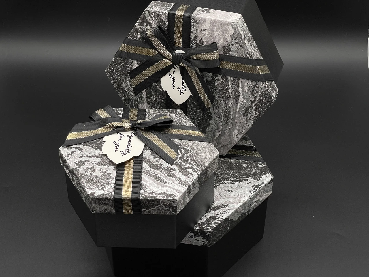 Коробка подарункова з бантиком, 19х10см, Колір "чорний мармур", 3шт