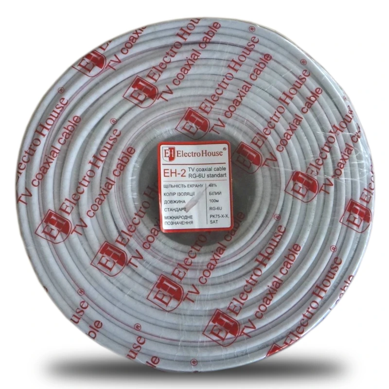 Кабель коаксиальный RG-6U 48% омедненная сталь 1.02 ПВХ, белый, 100 м