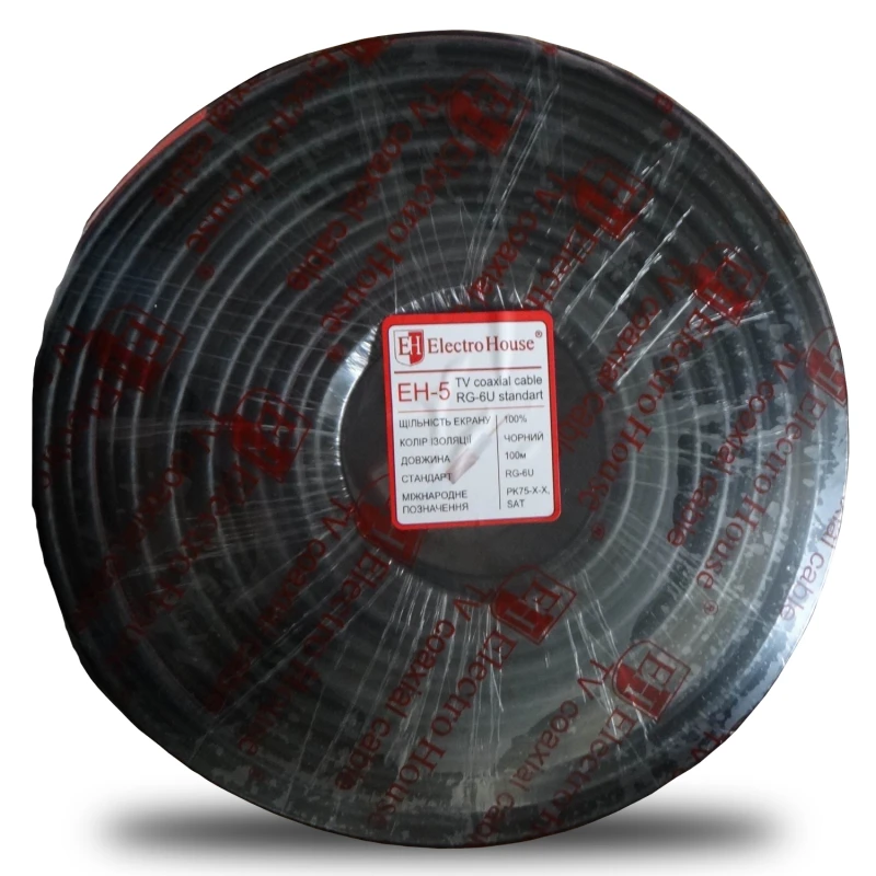 Кабель коаксиальный RG-6U 100% омедненная сталь 1.02 ПВХ, черный, 100 м