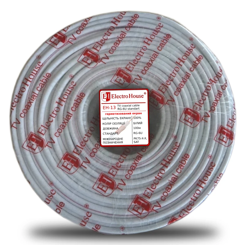 Кабель коаксиальный RG-6U 100% омедненная сталь 1.02 ПВХ, белый, 100 м