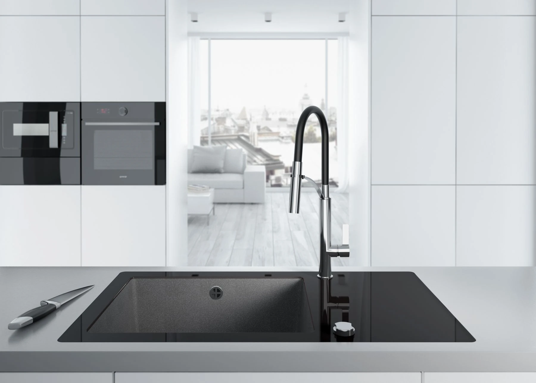 Змішувач для кухні Deante Gerbera, довжина виливу - 200мм, витяжний, 1важіль, хром-чорний - 2