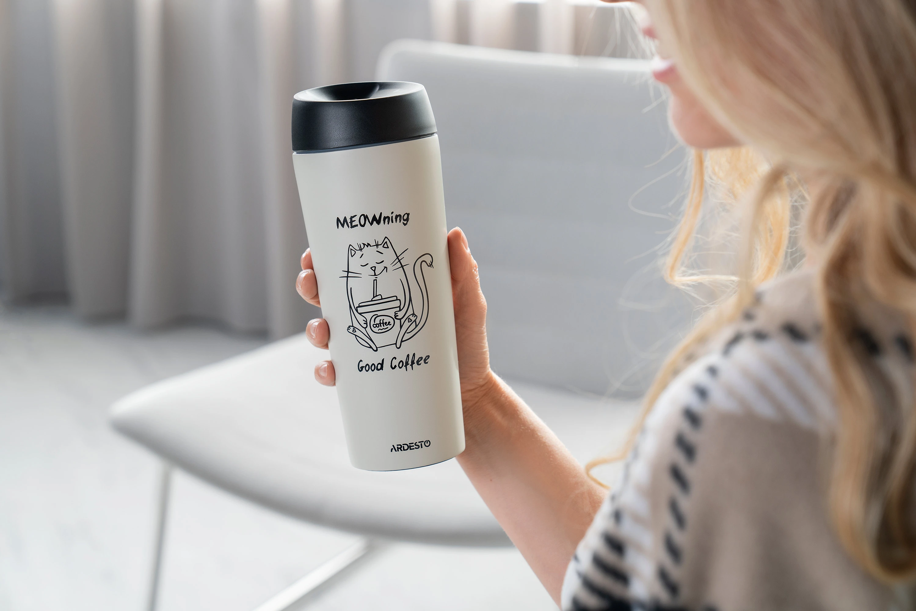 Термокухоль Ardesto Coffee Time Meowning, 450мл, нержавіюча сталь, бежевий - 2