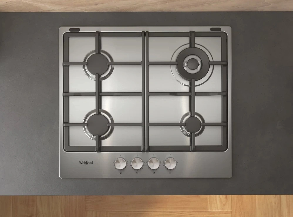 Варильна поверхня Whirlpool газова, 60см, чавун, конфорка з подвійним рядом полум'я, нерж - 10