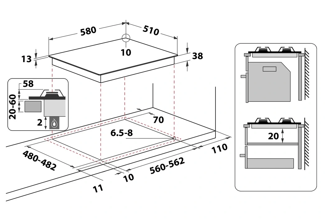Варильна поверхня Whirlpool газова, 60см, чавун, конфорка з подвійним рядом полум'я, нерж - 11