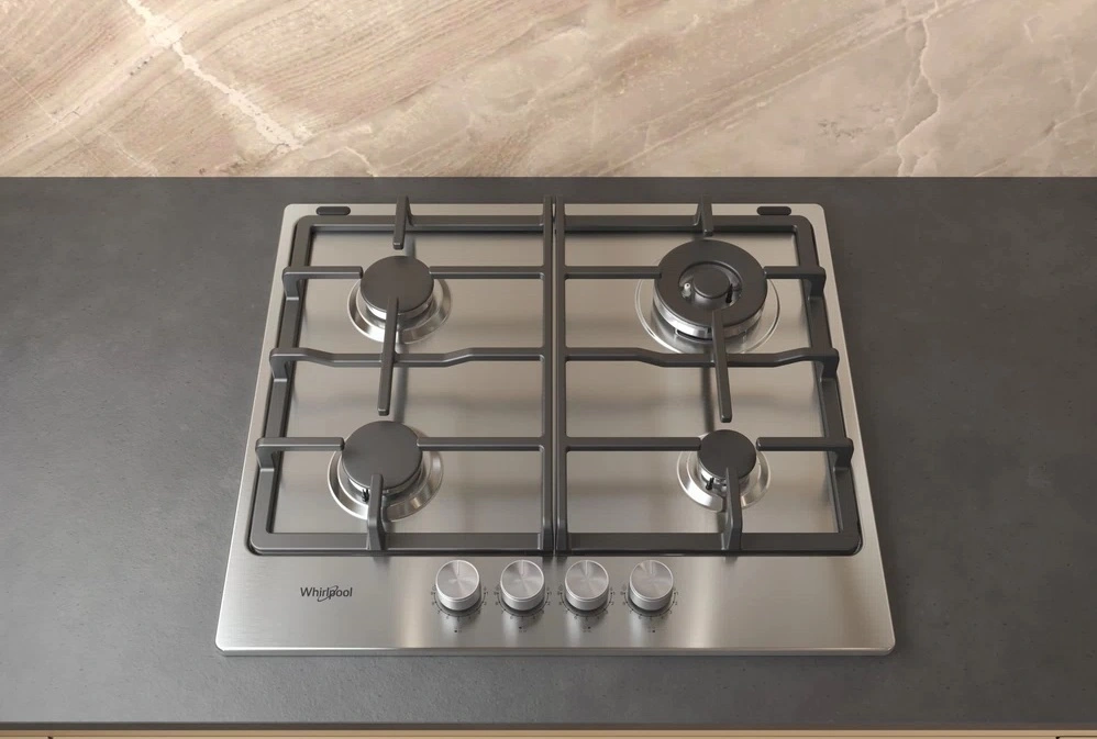 Варильна поверхня Whirlpool газова, 60см, чавун, конфорка з подвійним рядом полум'я, нерж - 9