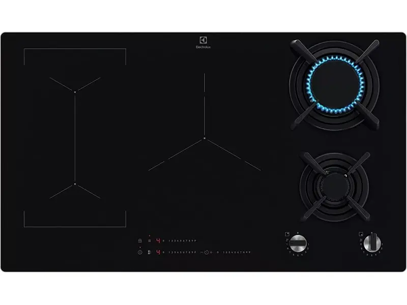 Варочная поверхность Electrolux комбинированная (2 газ + 3 инд), 90см, расширенная зона, чугун, черный