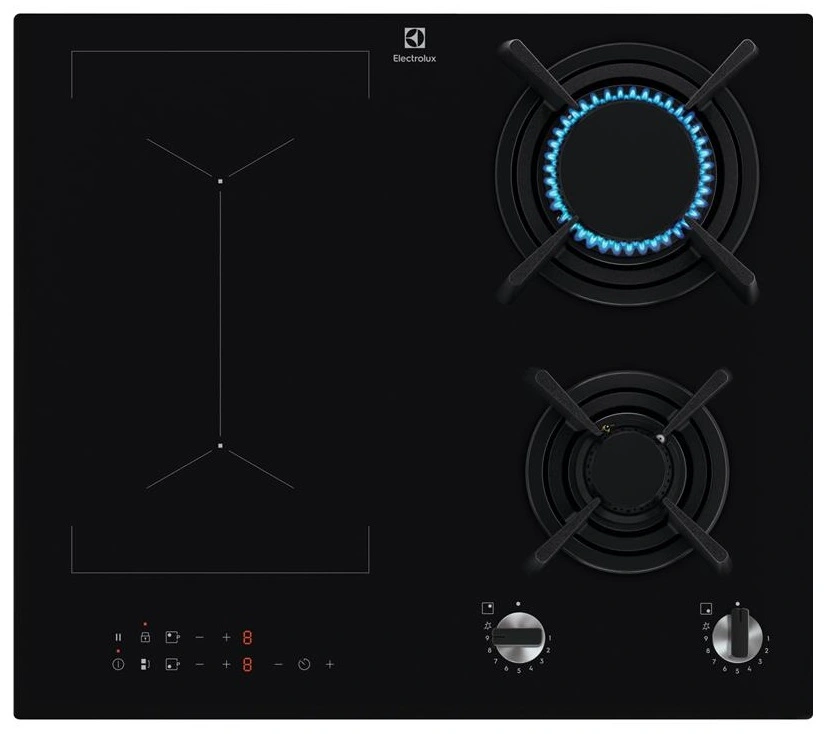 Варочная поверхность Electrolux комбинированная (2 газ + 2 инд), 60см, расширенная зона, чугун, черный