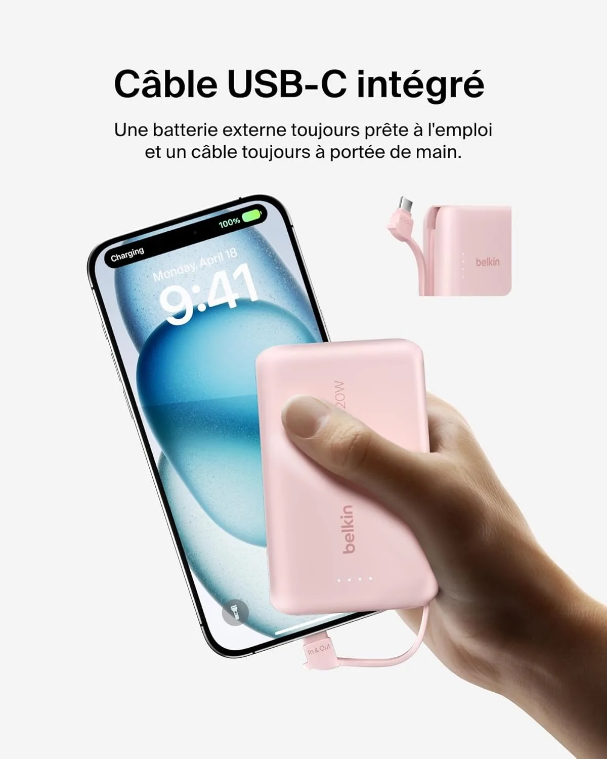 Акумулятор портативний літій-іонний Power Bank Belkin 10000мА·год, 20Вт, з інтегрованим кабелем USB- - 2