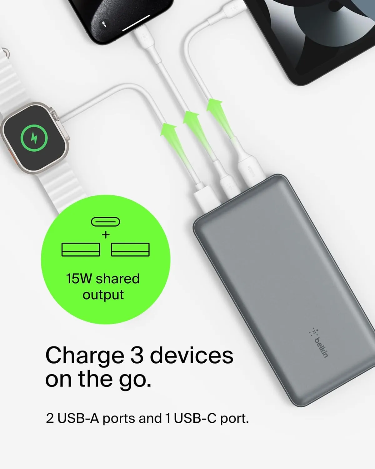Акумулятор портативний літій-іонний Power Bank Belkin 20000мА·год, 15Вт, 2хUSB-A/USB-C, cірий - 2