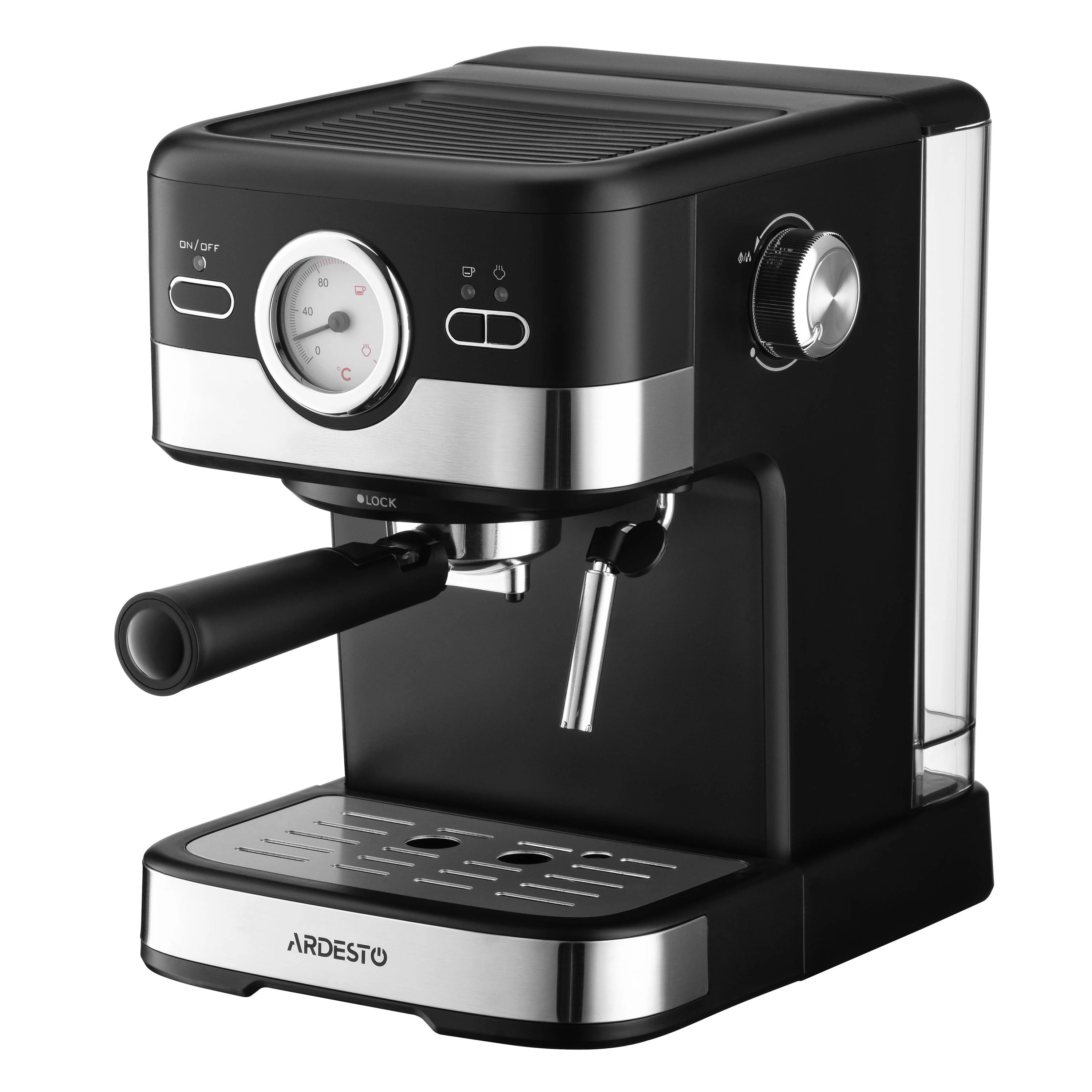 Кавоварка Ardesto ріжкова 1.5л, мелена, ручний капучинатор, чорно-сріблястий