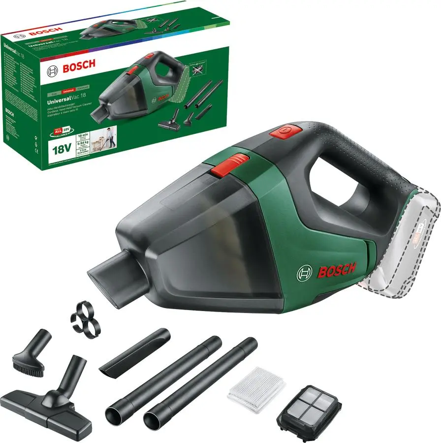 Пилосос професійний акумуляторний Bosch UniversalVac 18, 18В, 9кПа, контейнер 0,5л, 1,3кг без АКБ та