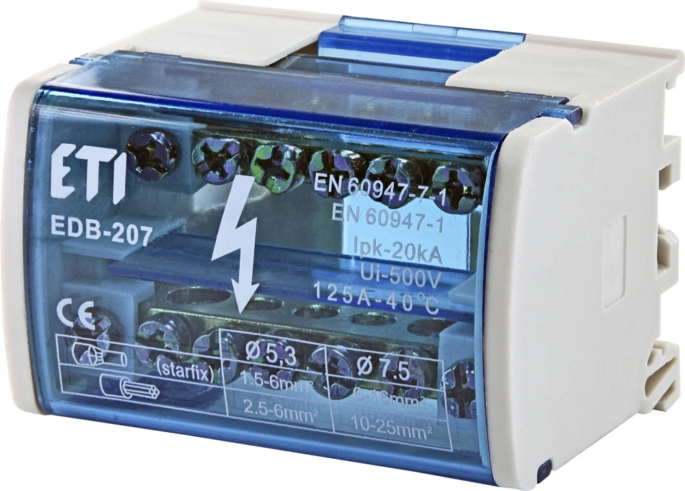 Блок розподільчий ETI, EDB-207 2p, L+PE/N, 125A (7 виходів)