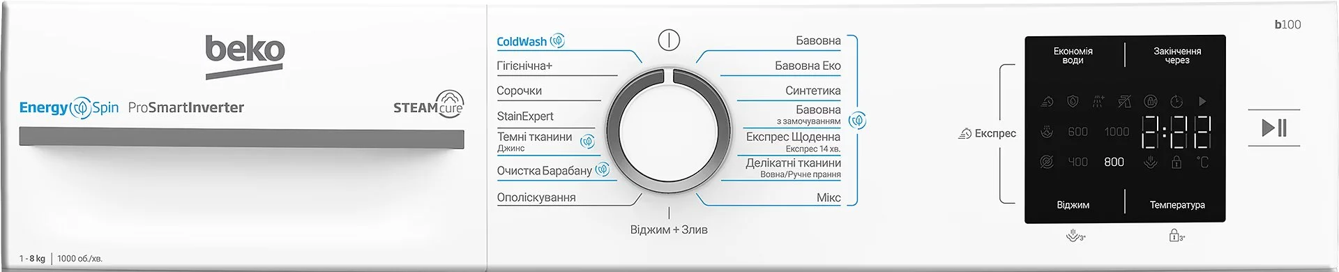 Пральна машина Beko фронтальна, 8кг, 1000, A+++, 55см, дисплей, інвертор, пара, білий - 8