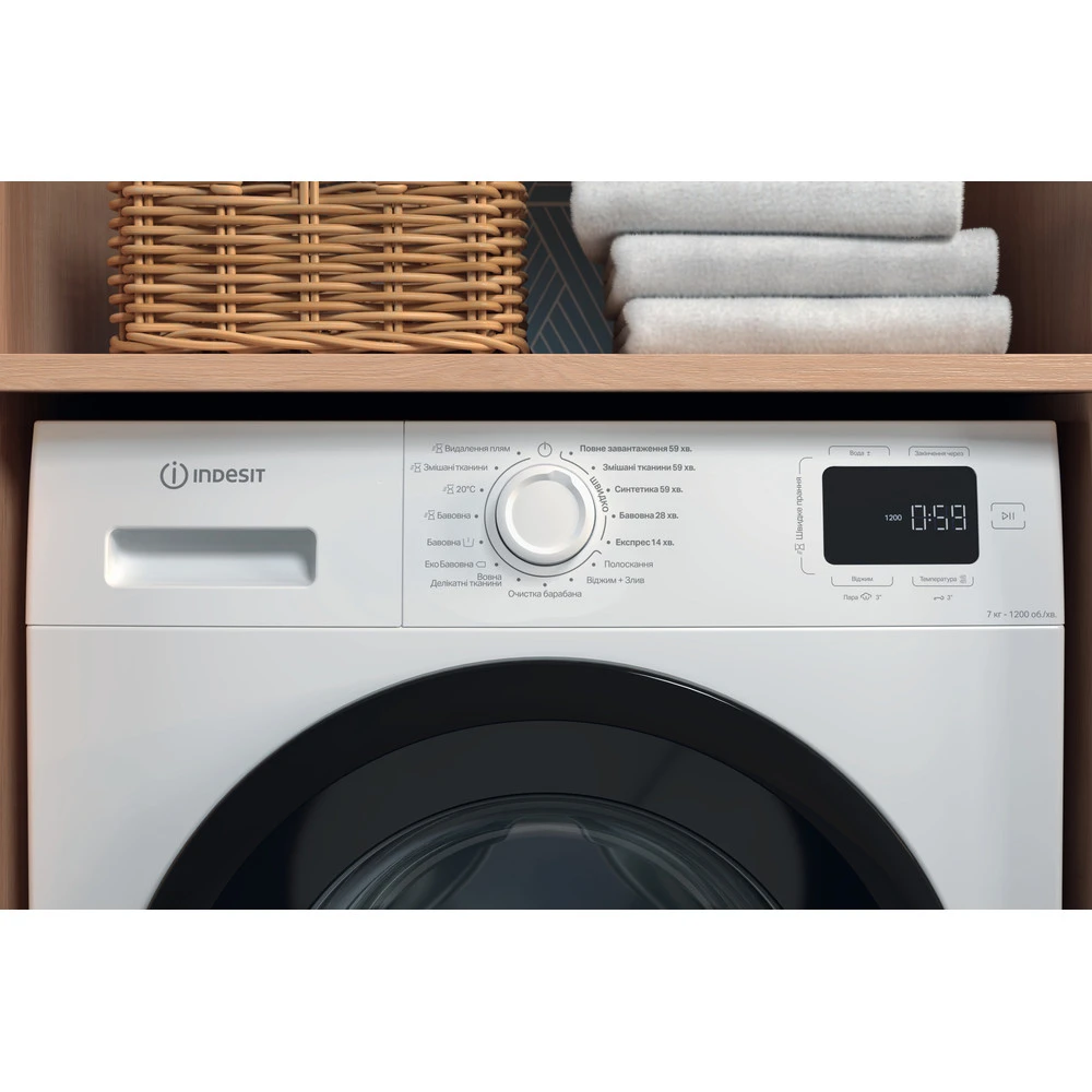 Пральна машина Indesit фронтальна, 7кг, 1200, A+++, 49.6см, дисплей, пара, інвертор, люк чорний, біл - 5