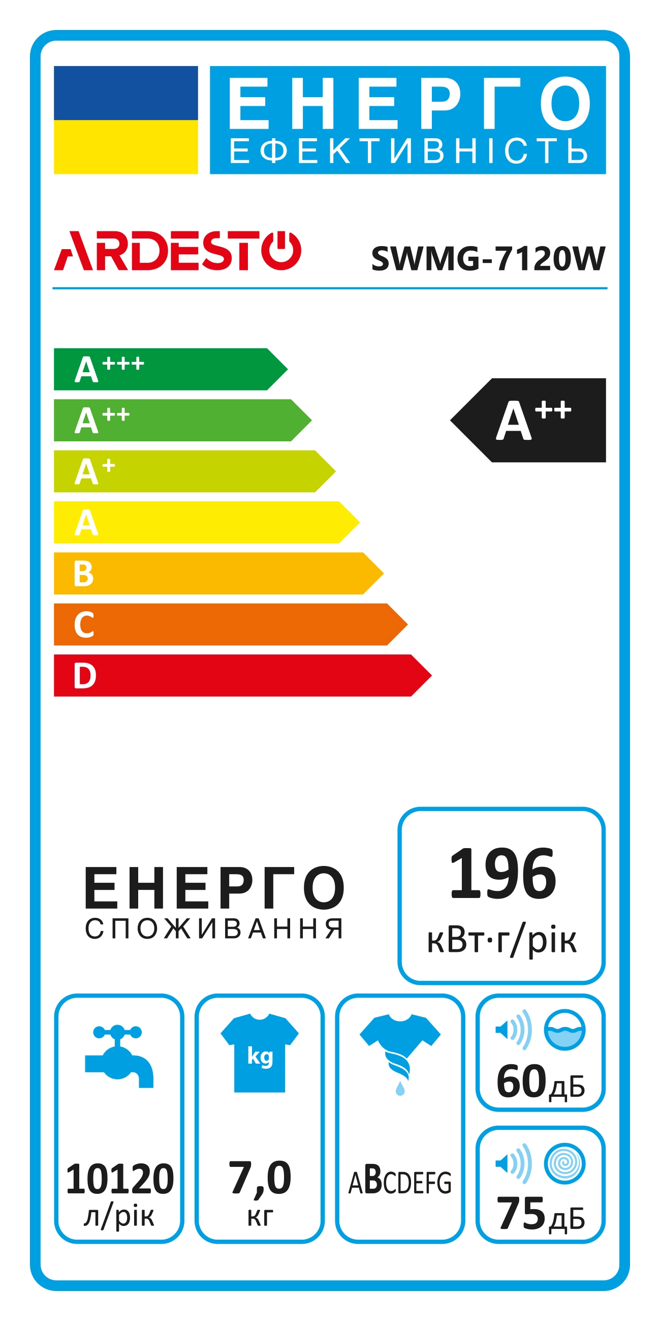 Пральна машина ARDESTO фронтальна Crystal Bright, 7кг, 1200, А++, 42см, дисплей, сенсор.управл., доз - 9
