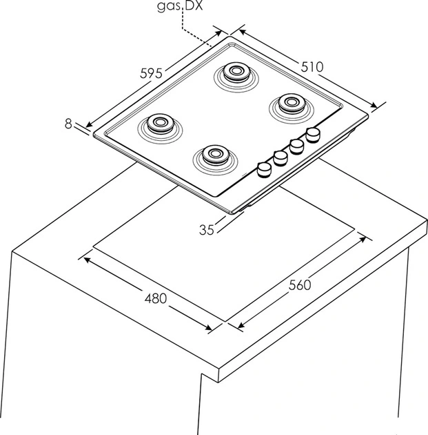 Варильна поверхня Candy газова, 60см, чавун, конфорка з подвійним рядом полум'я, чорний - 2
