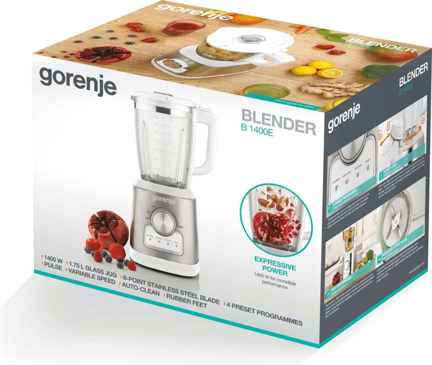 Блендер Gorenje стаціонарний 1400Вт, чаша-1750мл, скло, білий - 12