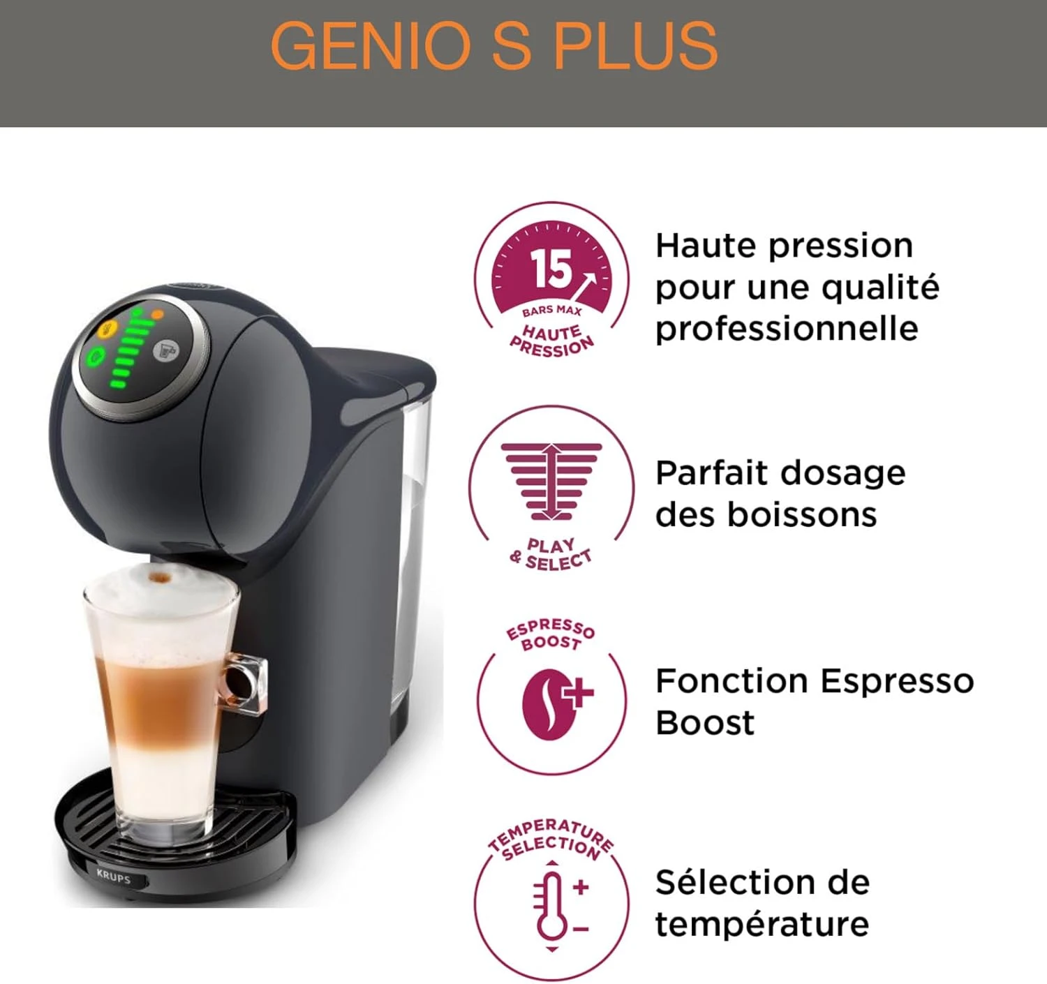 Кавоварка Krups капсульна Dolce Gusto Genio S Plus 0.8л, капсули, сенcорне керування, темно-сірий - 2