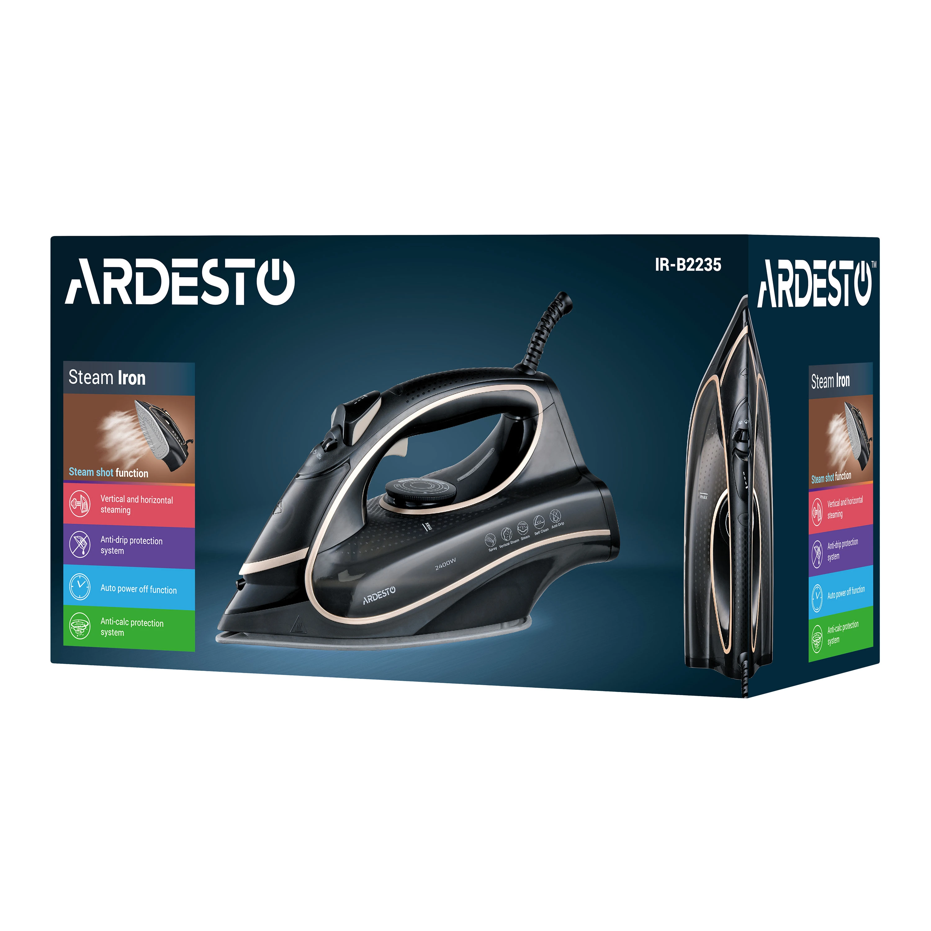 Праска Ardesto IR-B2235, 2400Вт, 450мл, паровий удар-120гр, керамічна підошва, чорно-золотий - 16