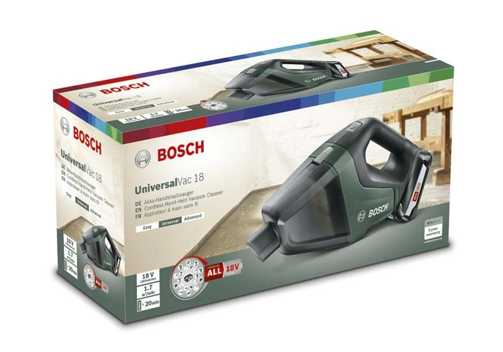 Пилосос професійний акумуляторний Bosch UniversalVac 18, 18В, акб 1х2,5Ач, 9кПа, контейнер 0,5л, 1,3 - 10