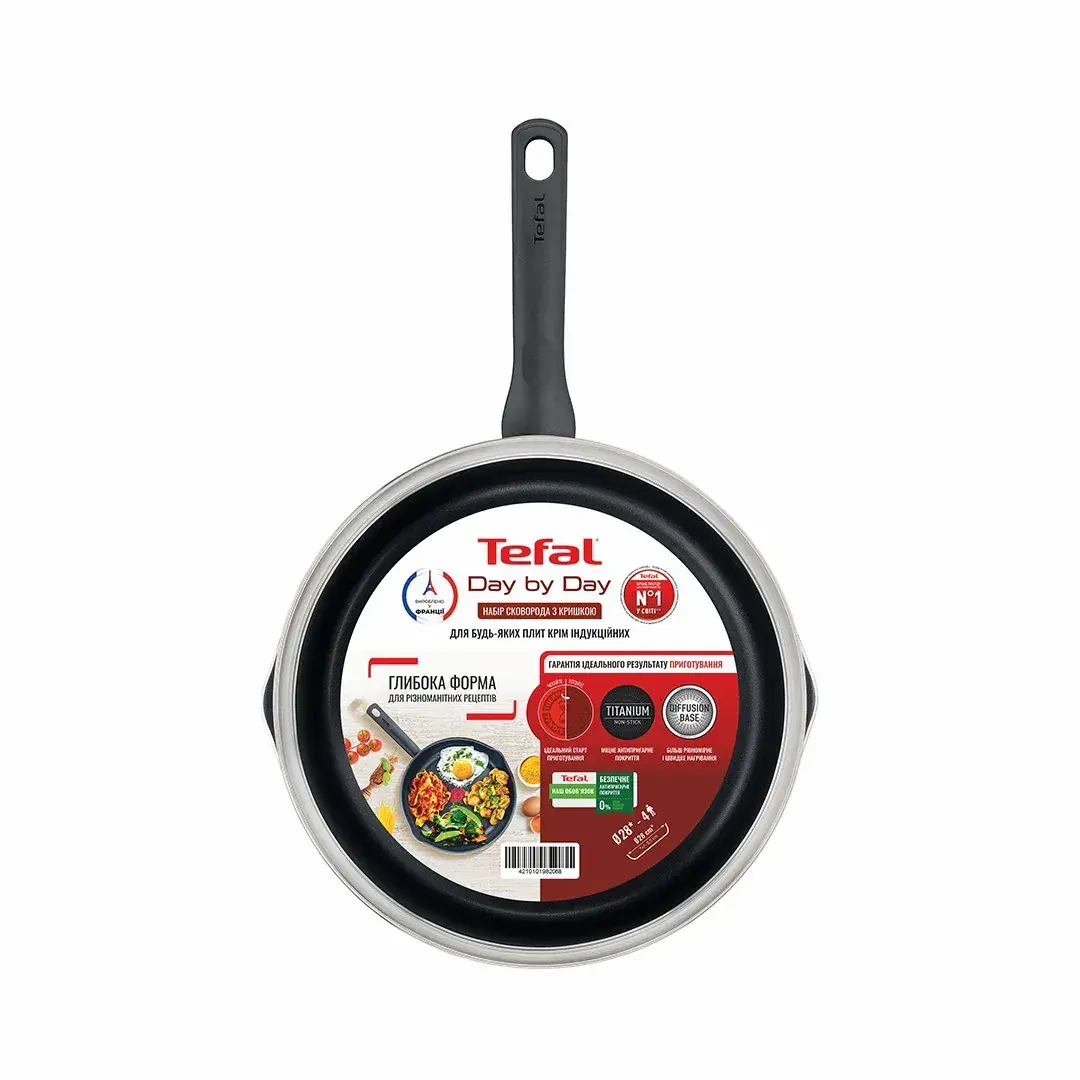 Сковорода з кришкою Tefal Day by Day, 28см, з кришкою, алюміній, бакеліт, скло, чорний - 8