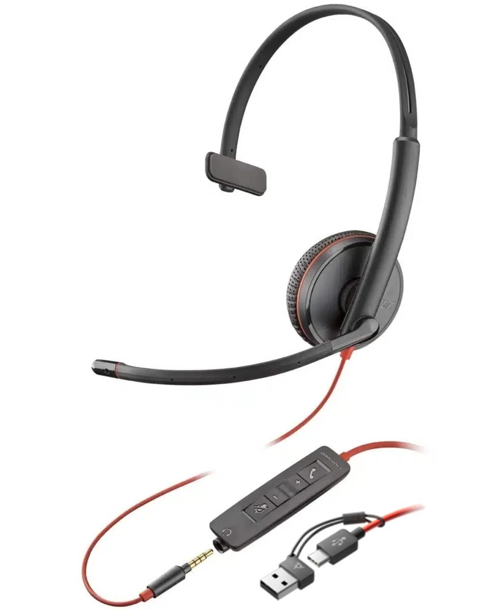 Гарнітура комп'ютерна моно On-ear Poly Blackwire 3215, USB-A, USB-C, 3,5 мм, всеспрямований, чорний