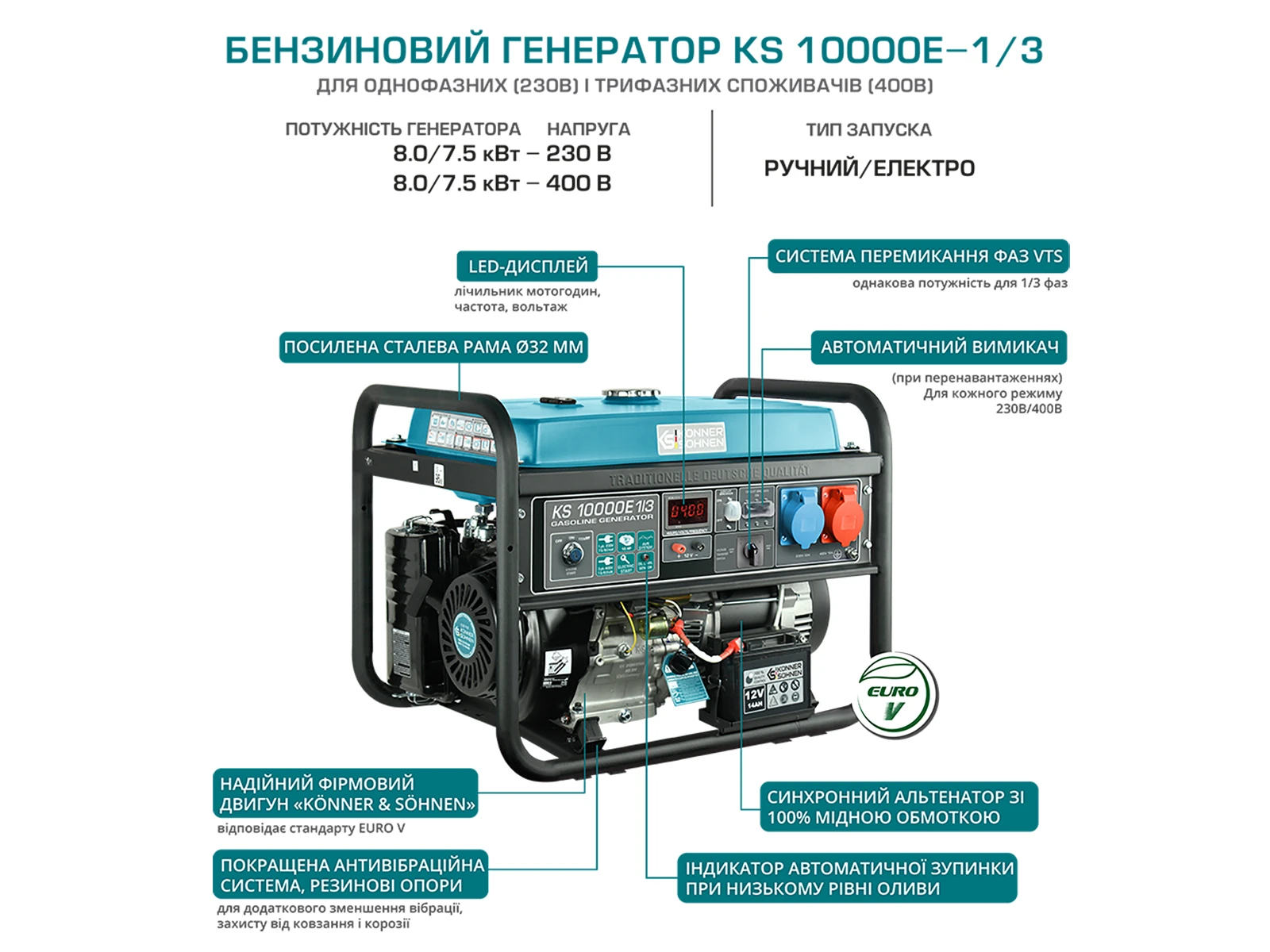 Генератор бензиновий Konner&Sohnen KS 10000E 1/3, 230/400В, 8.0кВт, 34.78/14.45А, електростартер, 88 - 2