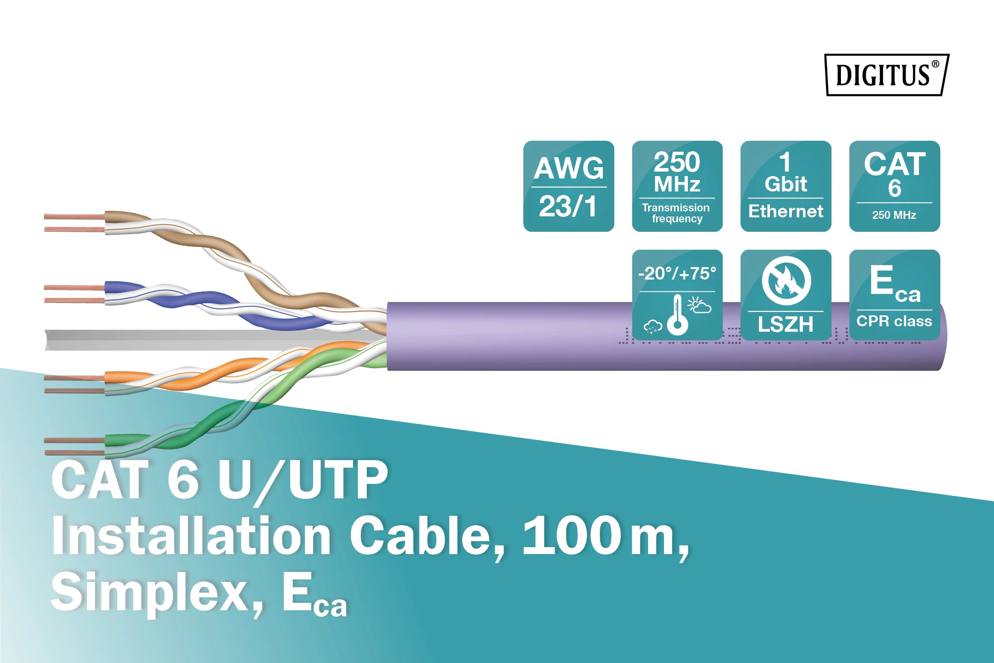 Кабель "вита пара" DIGITUS CAT 6 U-UTP, 100м, AWG 23/1, LSZH-1, фіолетовий - 3