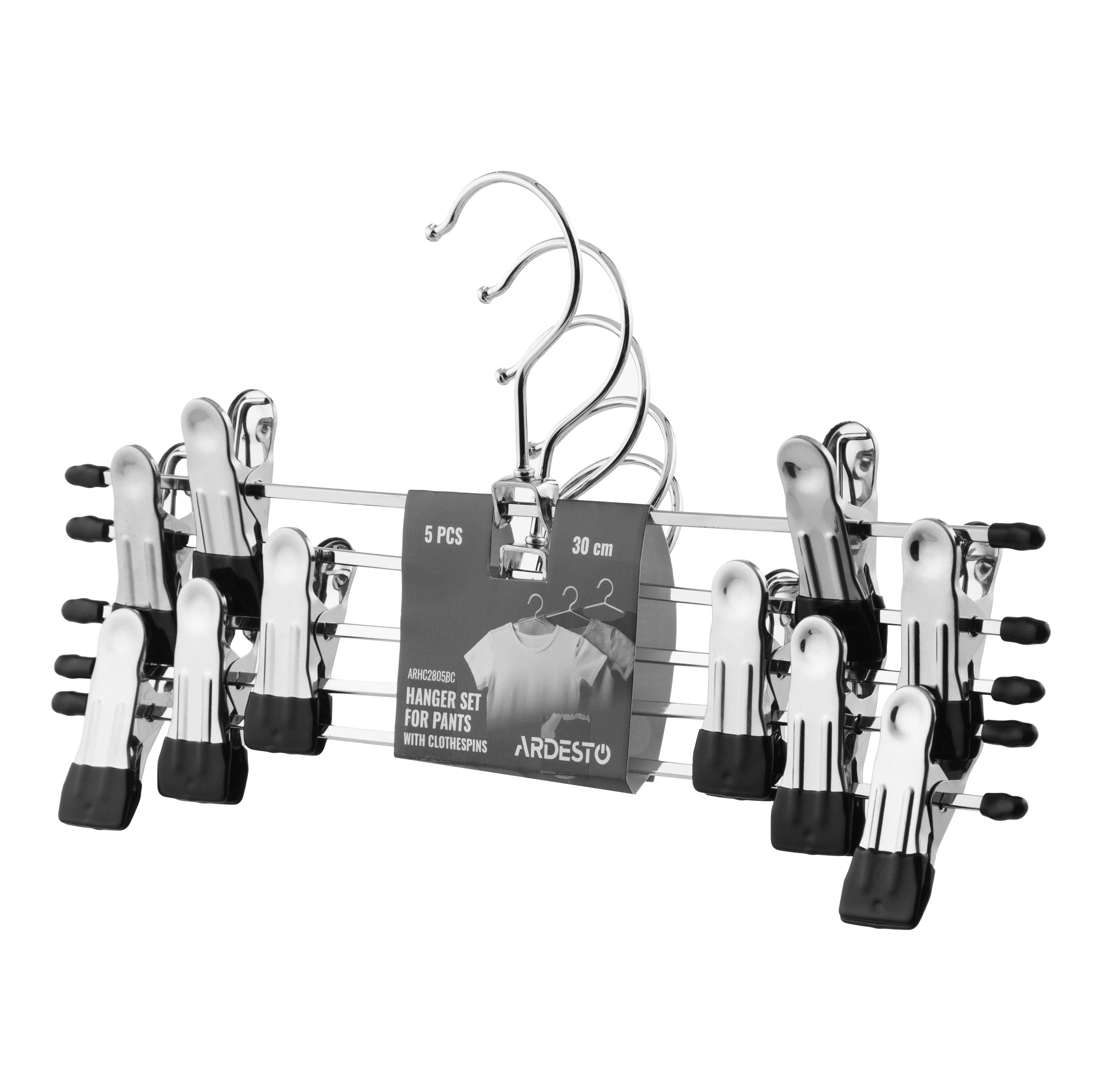 Набір вішаків з прищіпками для штанів Ardesto 30cm, 5шт, метал, ПВХ, чорний - 2
