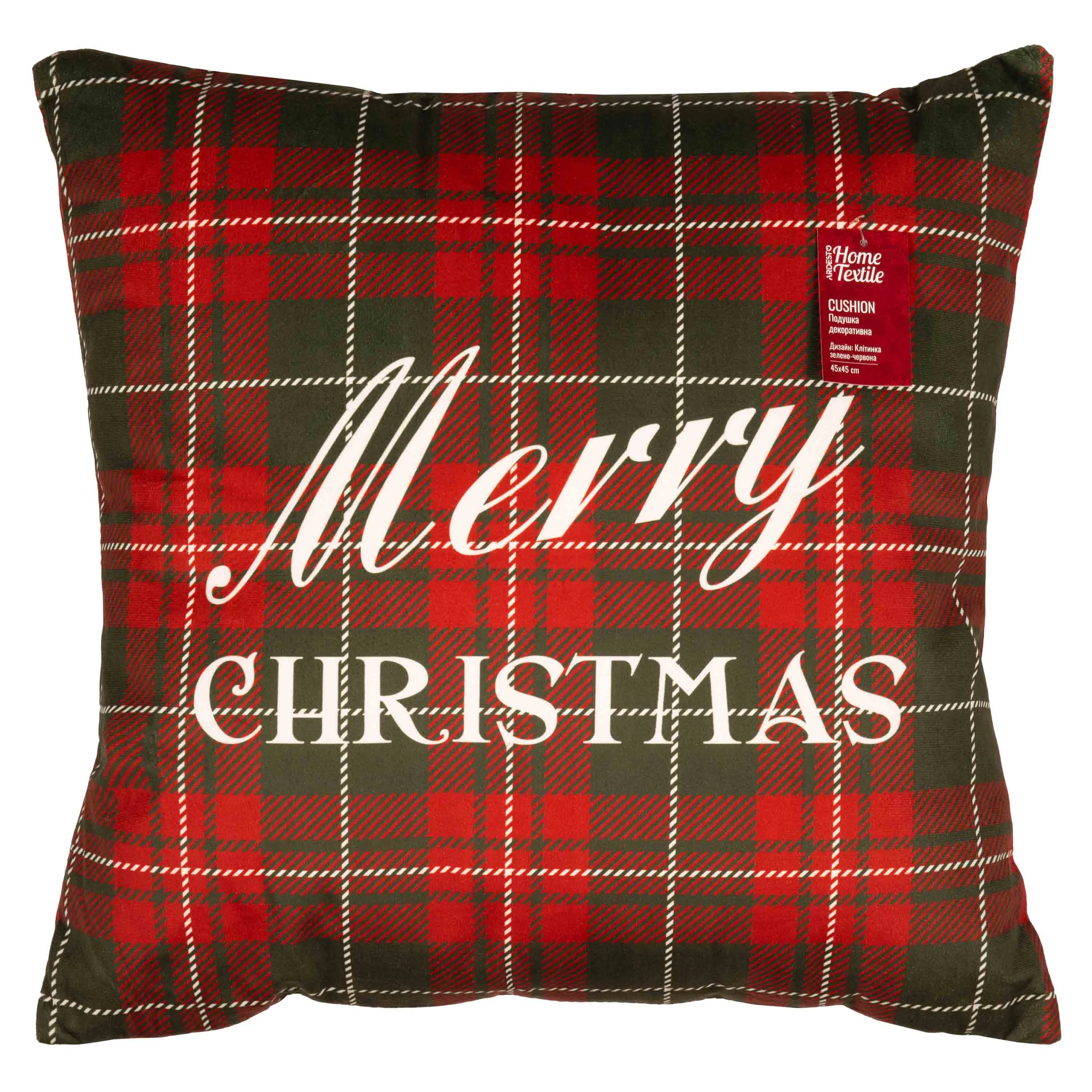 Подушка декор. Ardesto Christmas Happy Holidays 45х45см, 100% поліестер, клітинка зелено-червона