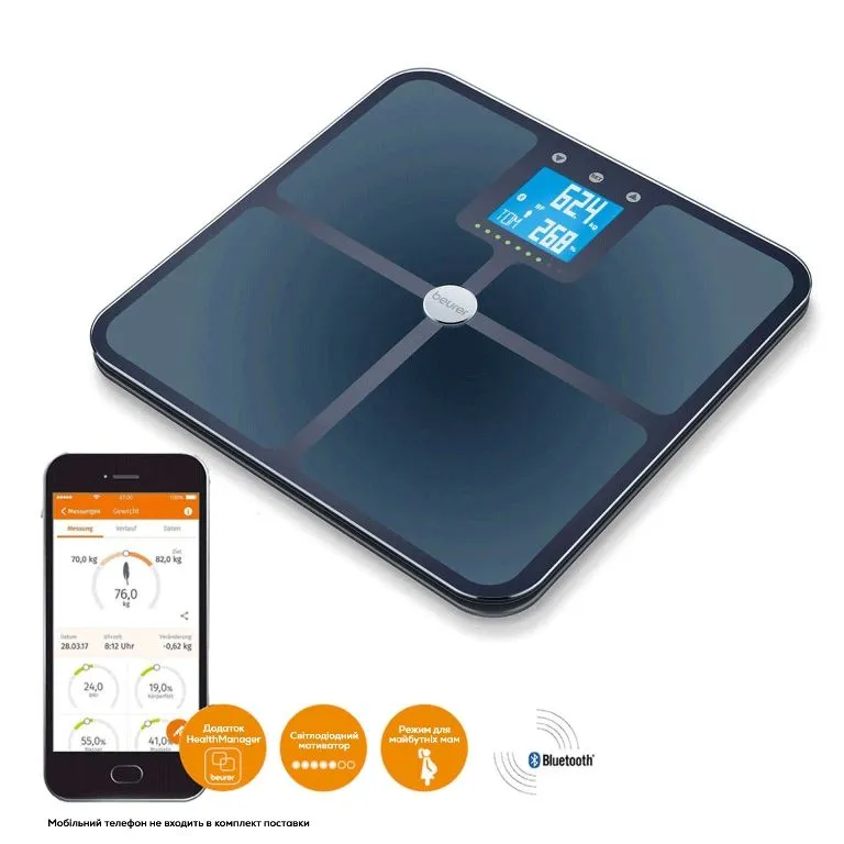 Ваги Beurer підлогові, 180кг, підключення до смартфону, сенсорний, аналіз тіла, AAAх4 в комплекті, - 2