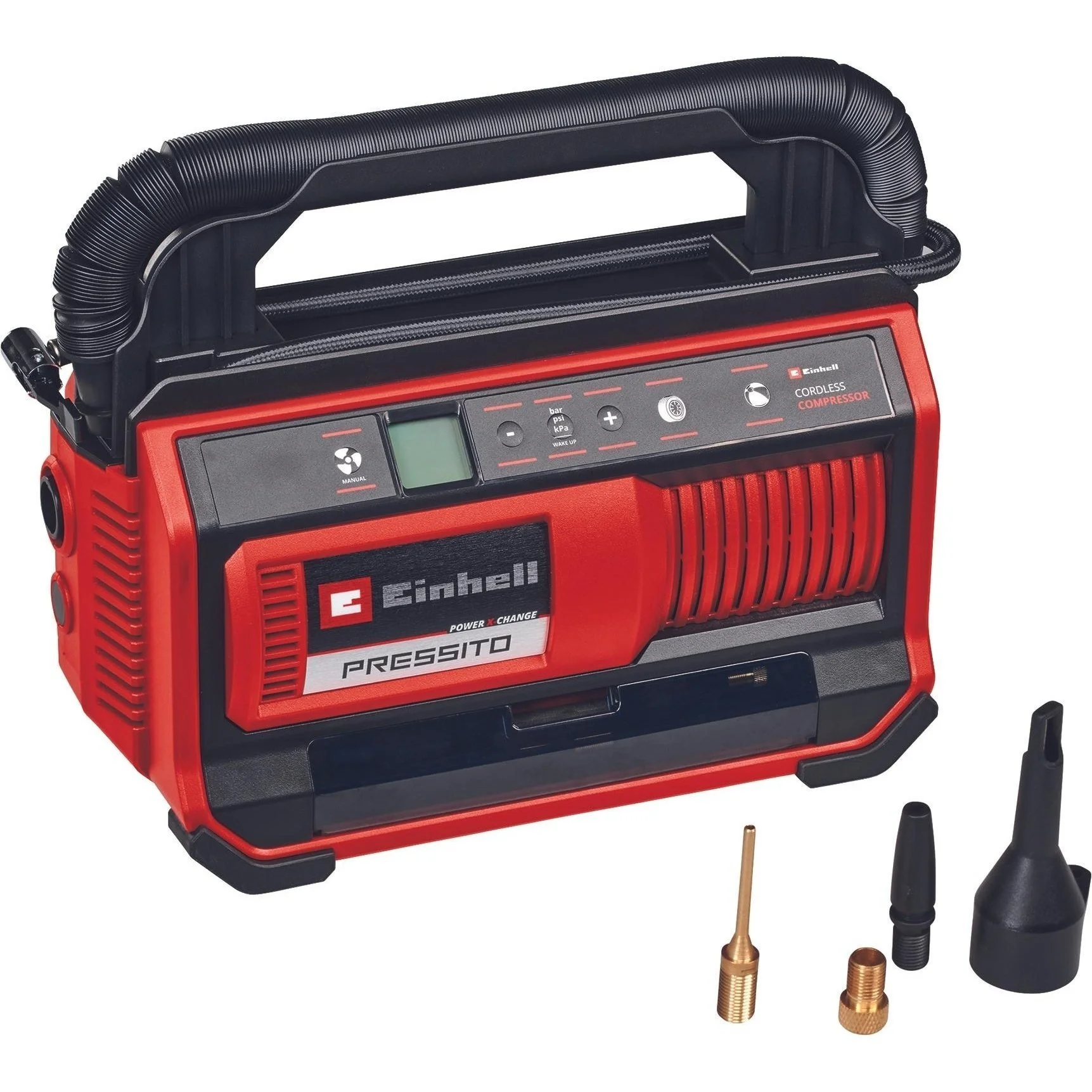 Компресор повітряний Einhell PRESSITO 18/25, акумуляторний 18В PXC, 10.5бар, вис. і низьк. тиск, 2.0