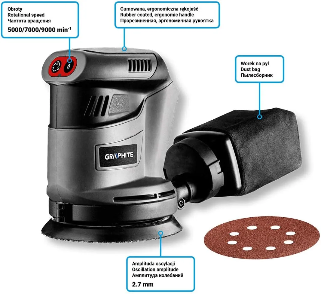 Шліфмашина ексцентрикова акумуляторна GRAPHITE Energy + 125мм 18В 9000об/хв 1.1кг без АКБ та ЗП - 2
