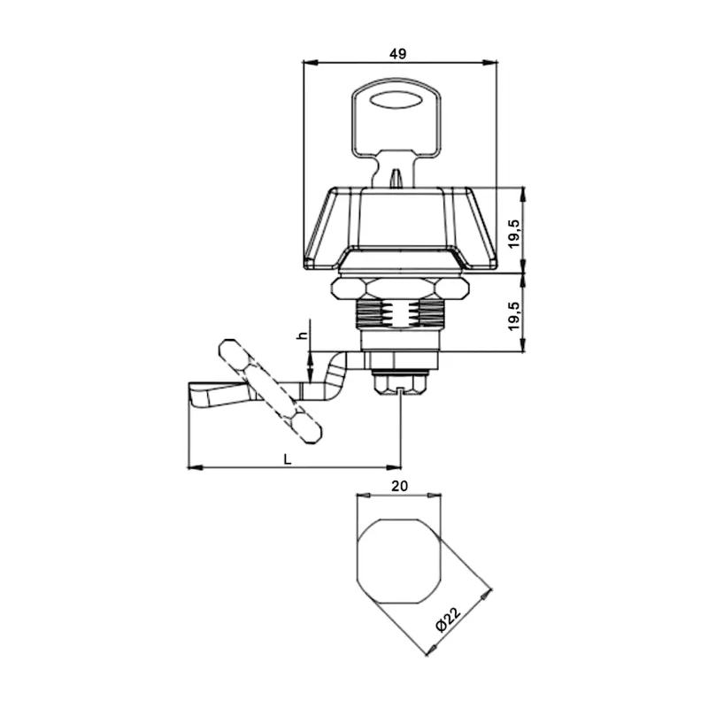 Замок з ручкою-кнобом RZ L181K.A.10-00945, h=9 мм, вставка один ключ - 2
