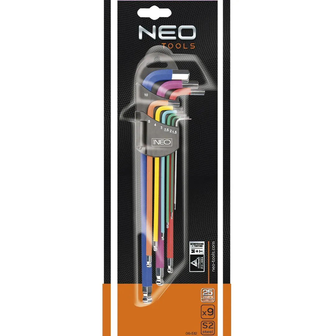 Ключі шестигранні Neo Tools, набір 9шт, кулястий наконечник, кольорові, сталь S2, 1.5-10мм - 15