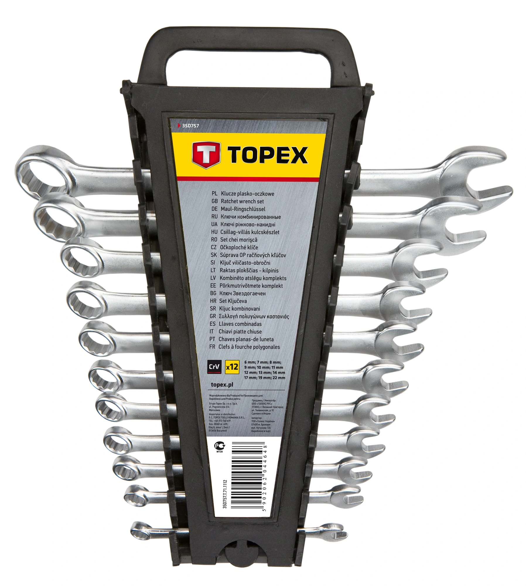 Ключі гайкові TOPEX, набір 12шт, комбіновані, 6-22мм, CrV