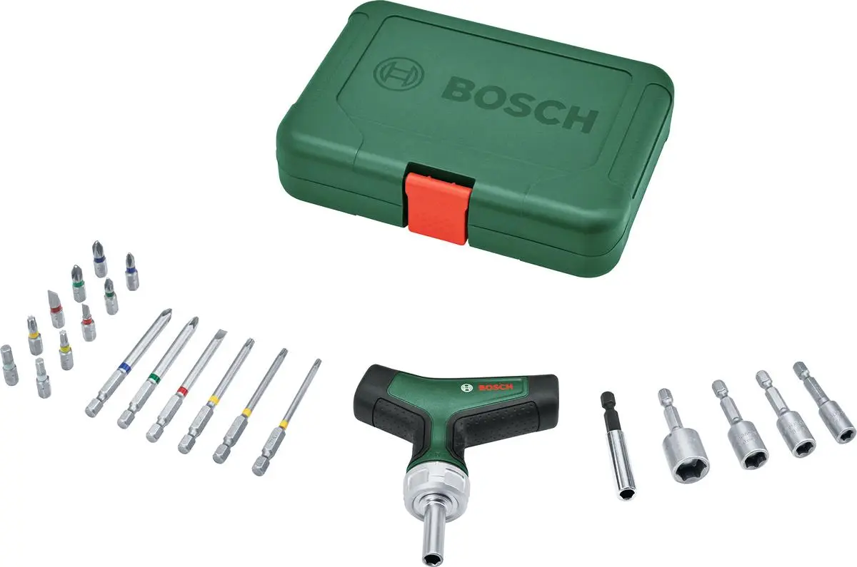 Викрутка Bosch з тріскачкою, Т-подібне руків'я, 20 насадок, 109мм, кейс, сталь CrV