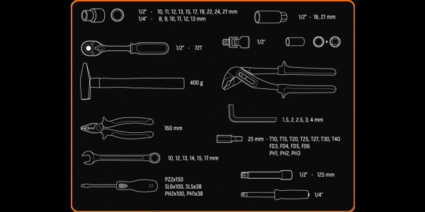 Набір інструментів Neo Tools, 1/2", 1/4", 56шт, універсальний, CrV - 3