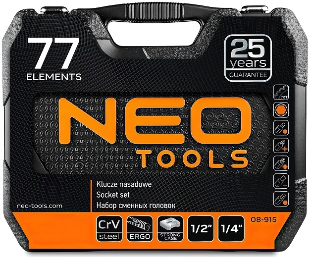 Набір інструментів Neo Tools, 1/2", 1/4", 77шт, CrV - 9