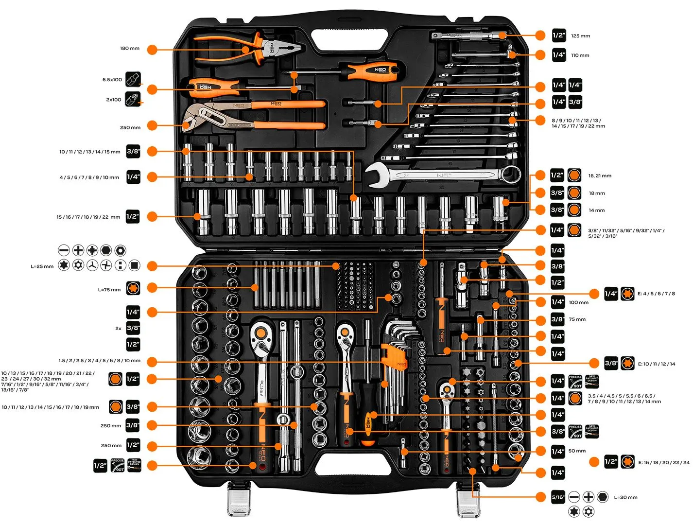 Набір інструментів Neo Tools, 233шт, 1/2", 1/4", 3/8", CrV, кейс - 2