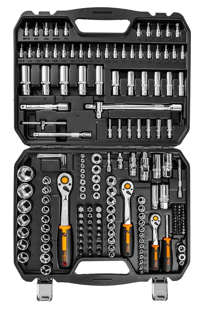 Набір інструментів Neo Tools, набір торцевих головок 1/2", 1/4", 3/8", 182шт, CrV - 7