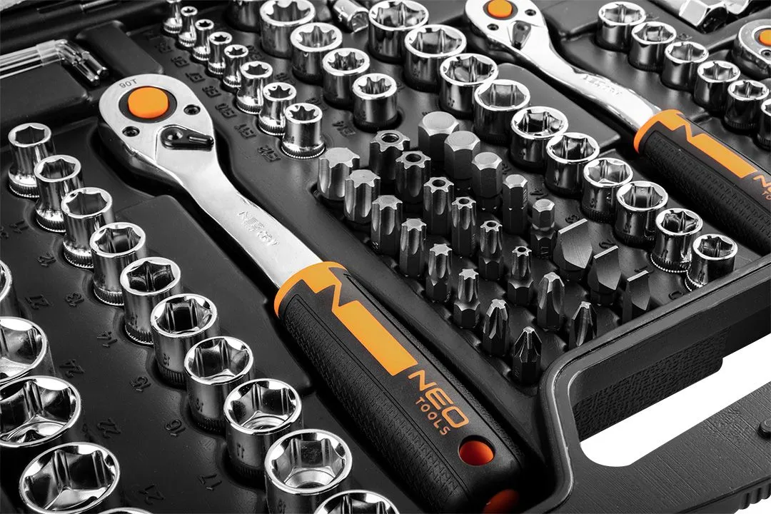 Набір інструментів Neo Tools, набір торцевих головок 1/2", 1/4", 3/8", 182шт, CrV - 9