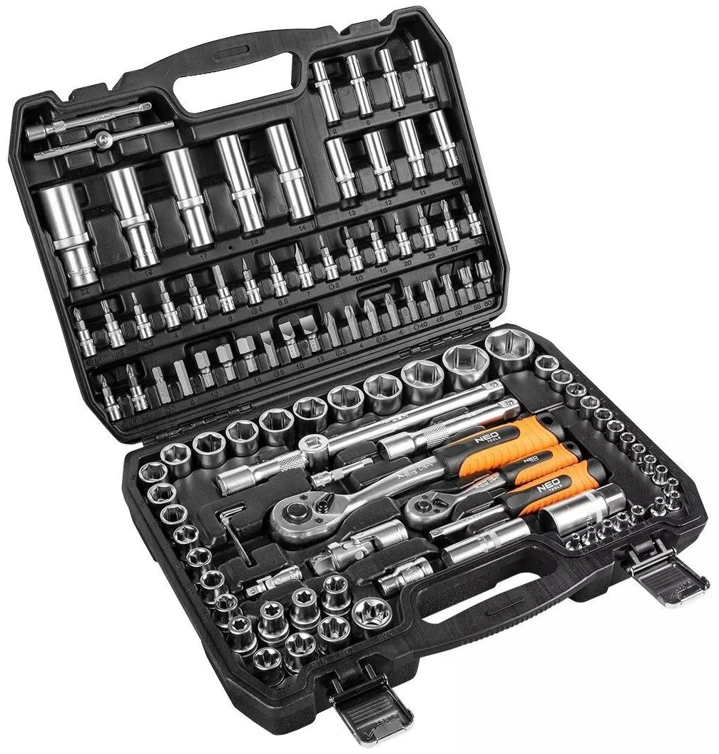 Набір інструментів Neo Tools, набір торцевих головок, 108шт, 1/2", 1/4", CrV, кейс