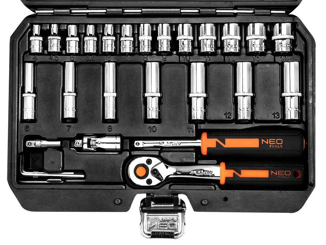 Набір інструментів Neo Tools, Набір торцевих головок, 73шт, 1/2", 1/4", CrV, кейс - 3