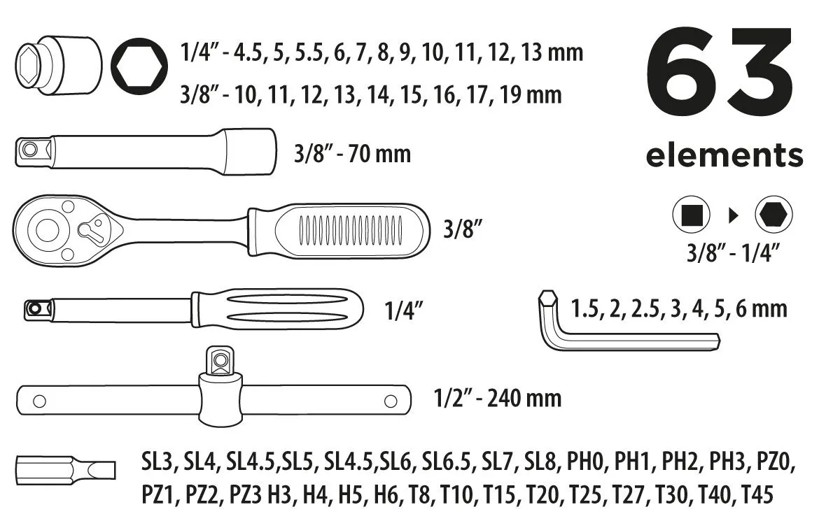 Набір інструментів Top Tools, 3/8", 63шт - 2