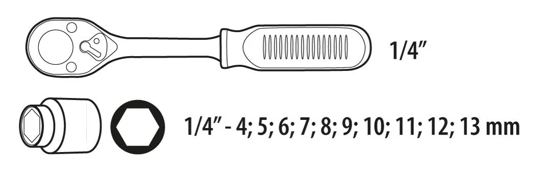 Набір торцевих головок TOPEX, 1/4", 11шт, з тріскачкою, CrV - 2