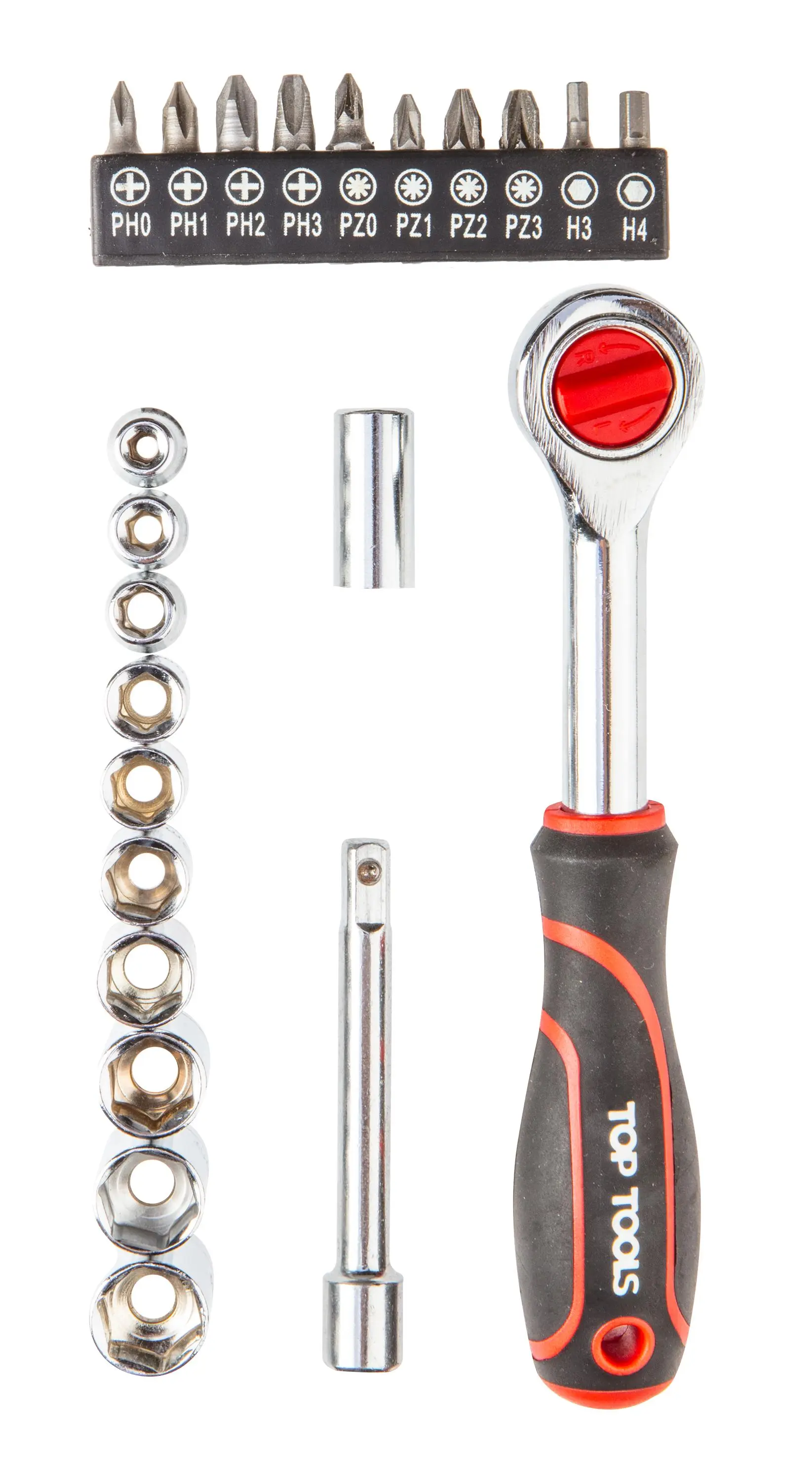 Набір торцевих головок та біт Top Tools, 1/4", 23шт, з тріскачкою