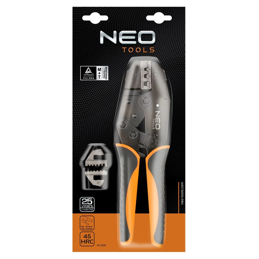 Кліщі обтискні Neo Tools, для обтиску наконечників 0.5-16мм2, 2 змінних губок, 220мм, CrMo - 22